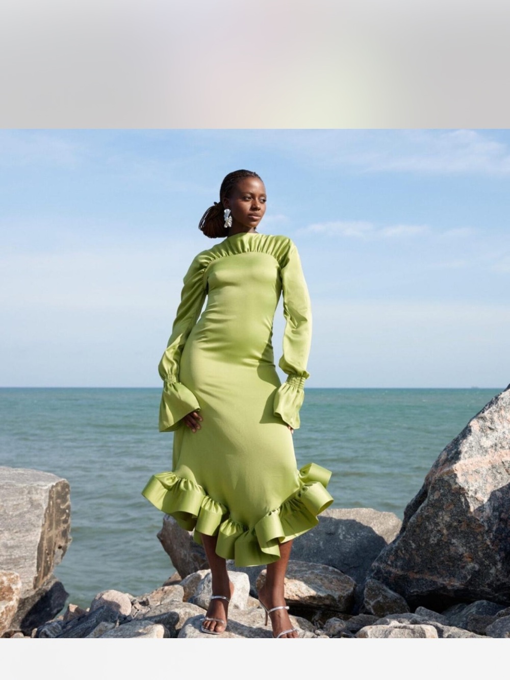 Long-Sleeve Ruffle-Hem Midi Dress in Lime Green